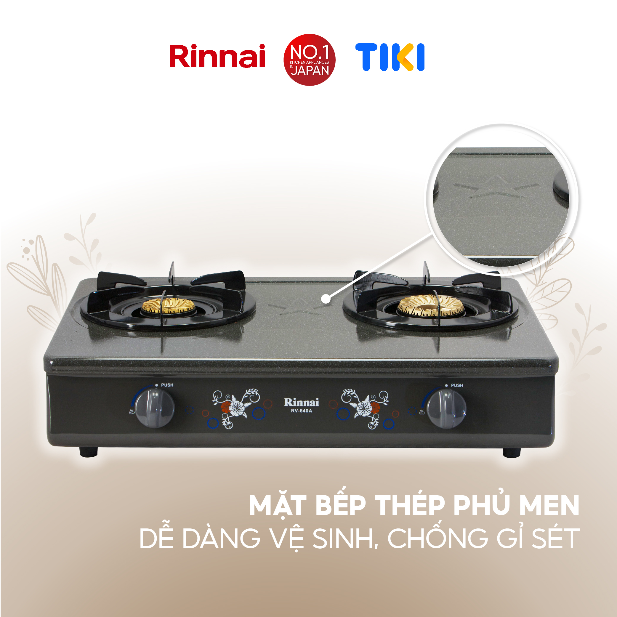Bếp gas dương Rinnai RV-740A(GF) mặt bếp men và kiềng bếp men - Hàng chính hãng