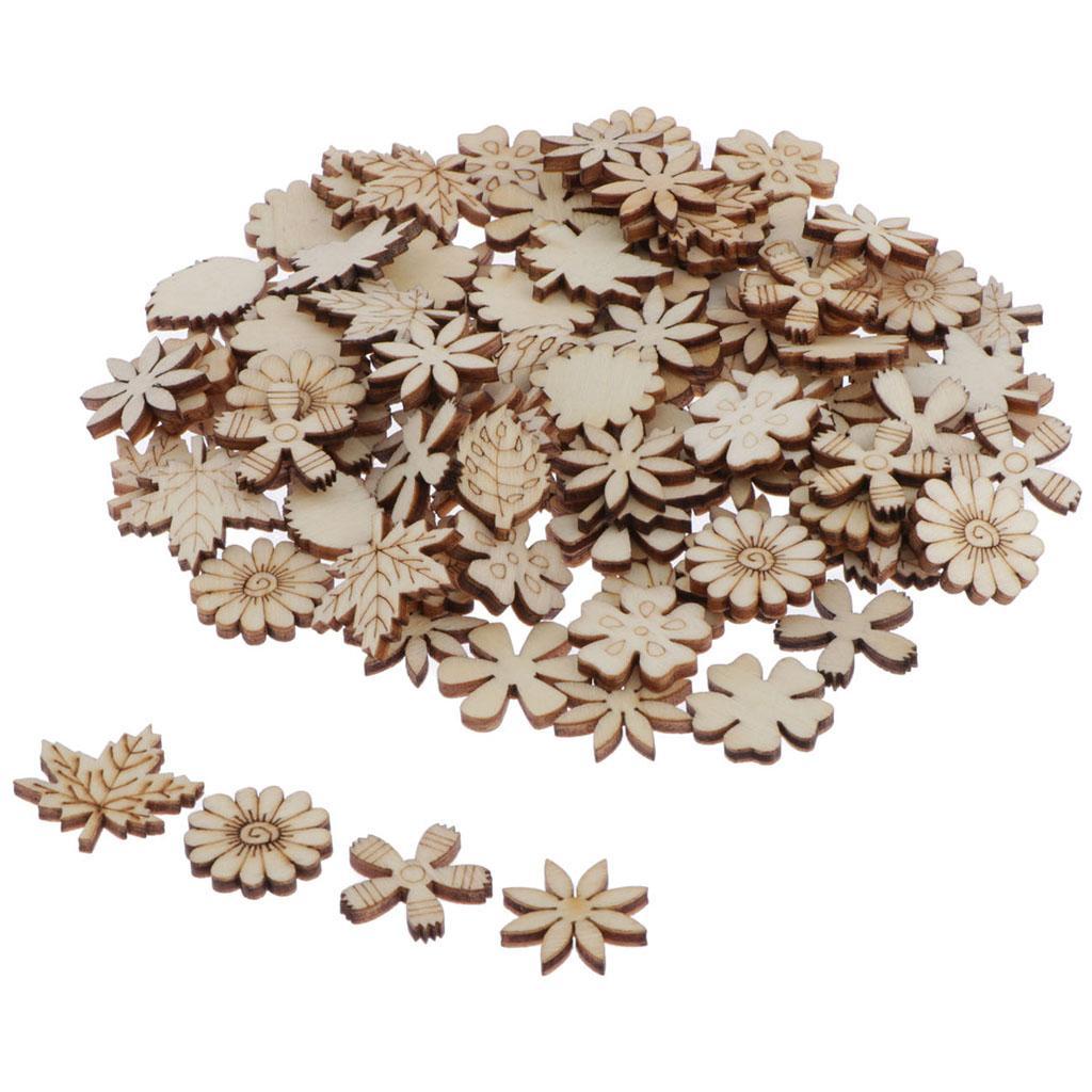 100Pcs Flower and Leaf Shapes Blank Wood Heart Embellishments Wood Birds Slices for Wedding, Valentine, DIY, Arts, Crafts, Card Making