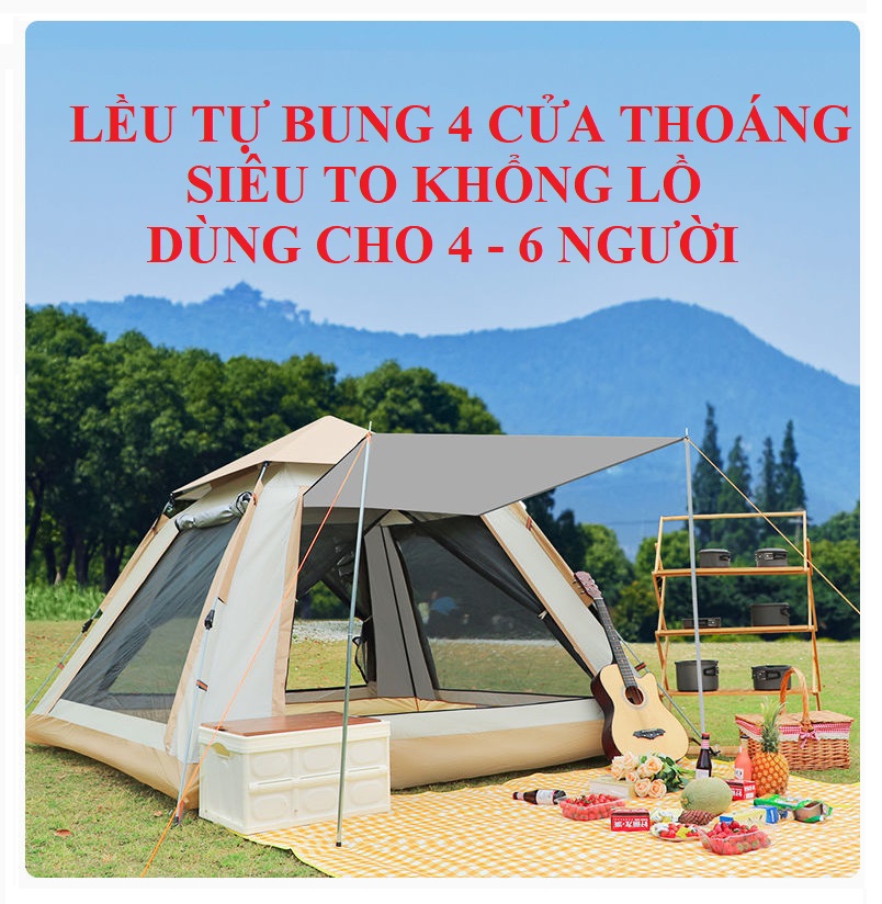 Lều Cắm Trại Du Lịch Dã Ngoại, Lều Phượt Tự Bung 4 đến 6 người Chống Thấm Nước Chống Muỗi Gấp Gọn Tiện Lợi