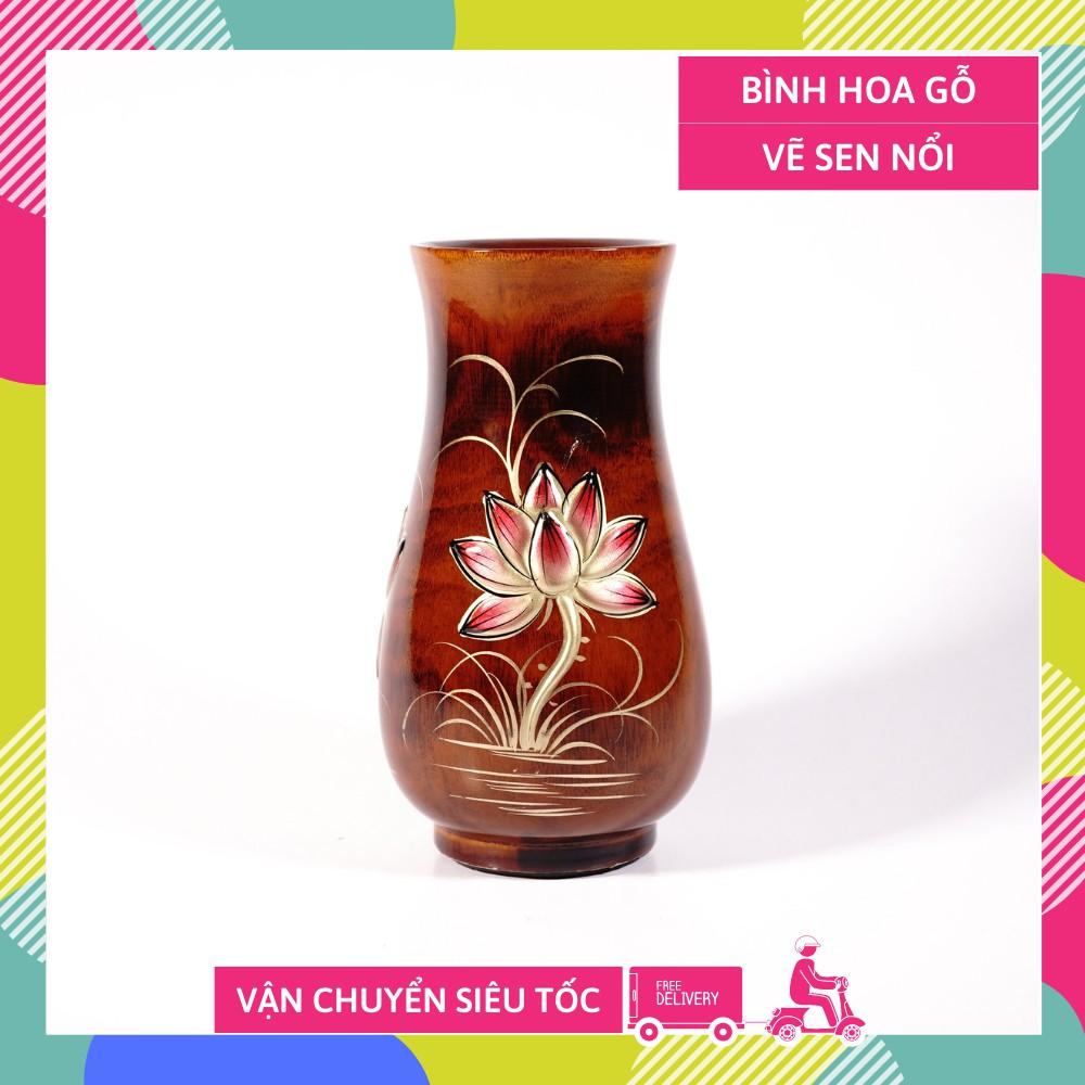 Bình hoa gỗ vẽ sen nổi thờ cúng củ huệ mỹ nghệ cao cấp - Cao 14cm