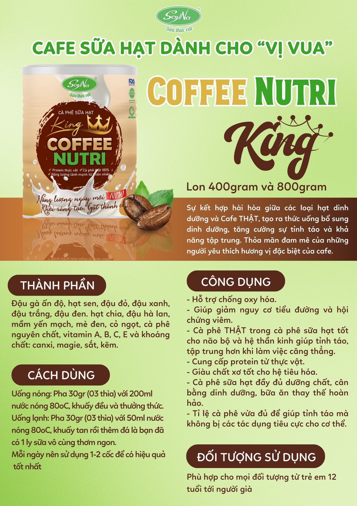 Cafe Sữa Hạt Coffee Nutri Soyna - Dinh Dưỡng Cho Người Ăn Chay, Ăn Kiêng, Người Tiểu Đường, Người Già, Giảm Cân, Healthy, Tốt Cho Tim Mạch, Hàm Lượng Đạm Thực Vật Cao