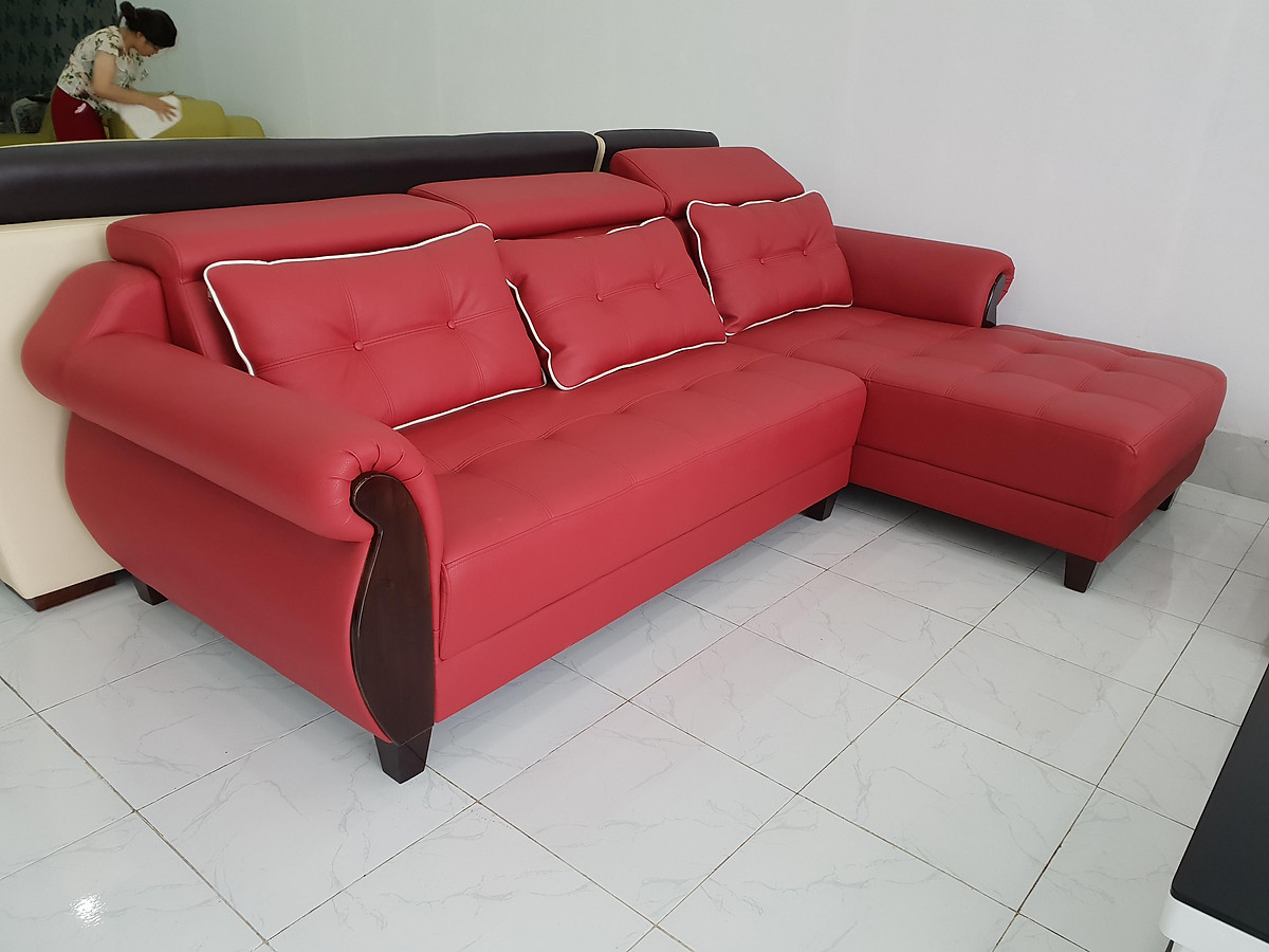 Sofa da góc L Tundo 2m7 x 1m7 màu đỏ đầu bật