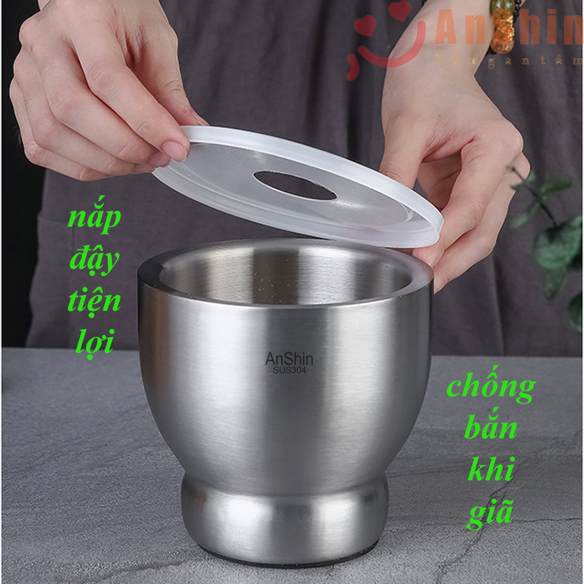 Cối chày Inox 304 Anshin - dáng ly đường kính 13, 15cm