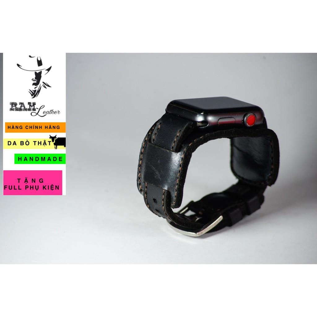 Dây đồng hồ da bò handmade - RAM black + b2 (tặng khóa, chốt, cây thay dây)
