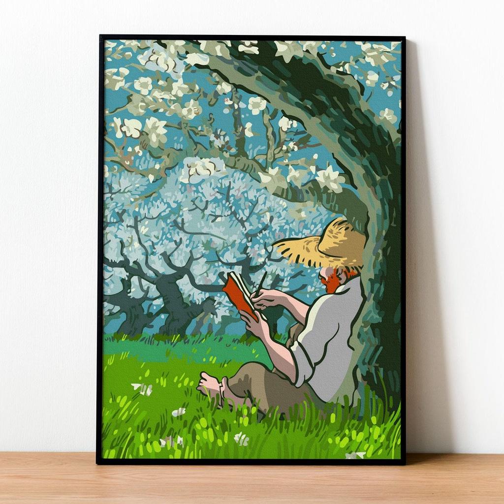 Tranh số hóa Van Gogh Dưới gốc cây hạnh nhân đã căng khung 40x50cm