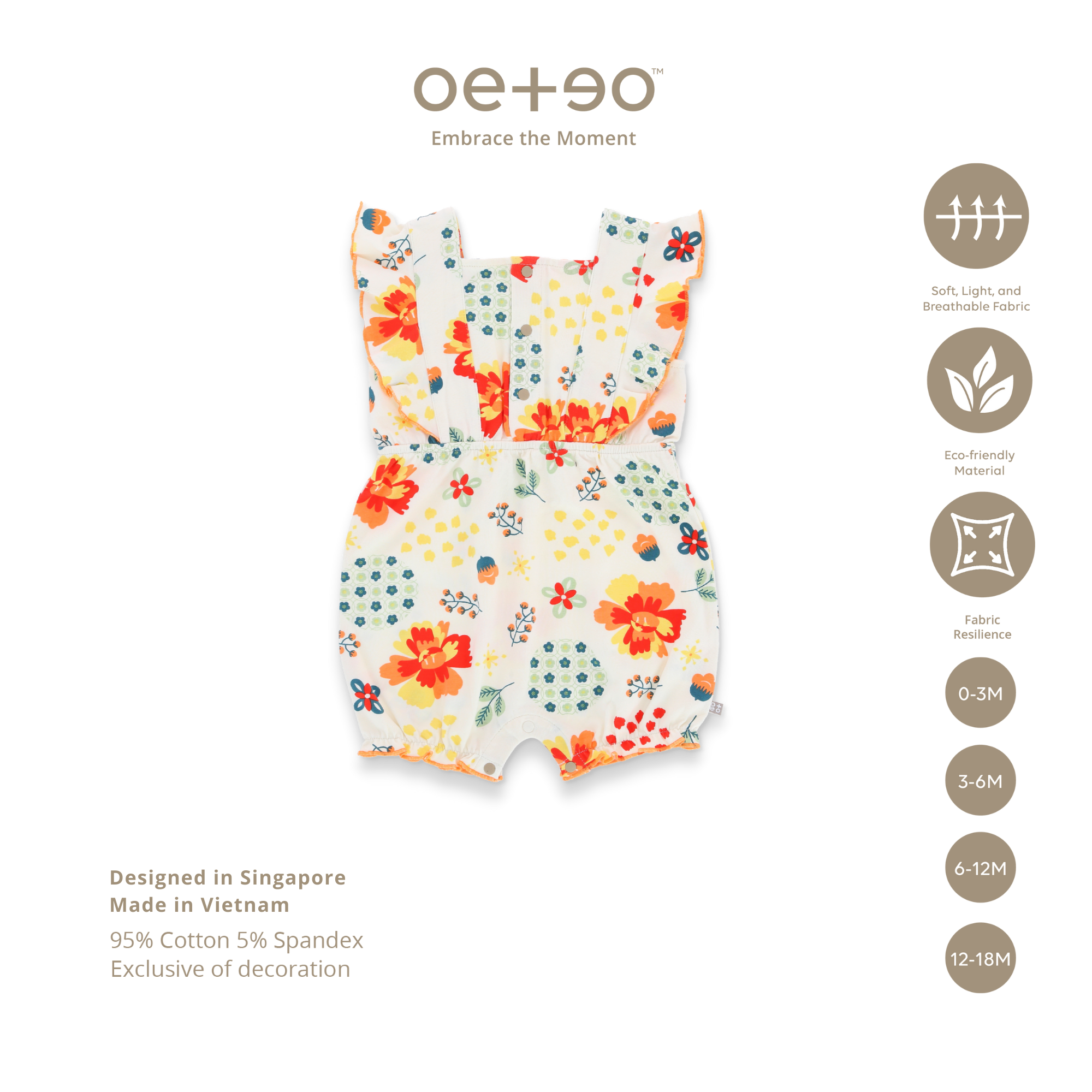 Bộ áo liền quần tay bèo bé gái 0 - 18 tháng vải vải cotton họa tiết Tết Á Đông TROM1-1647 | OETEO Abundance of Blooms