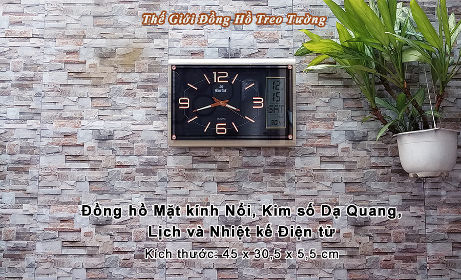 Đồng hồ Eastar Chữ nhật Dạ Quang (*), Kim Trôi &amp; Màn hình Điện tử Lịch, Nhiệt Độ
