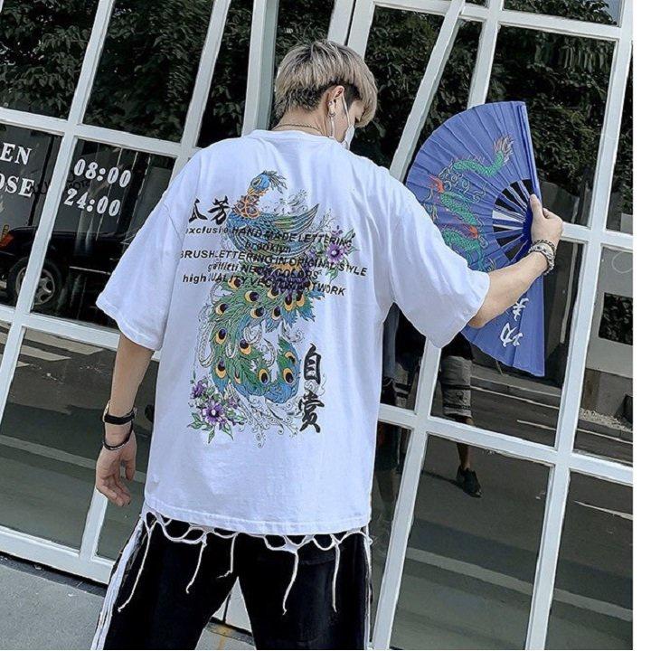 Áo thun nam nữ tay lỡ thun cotton 4 chiều in hình con công,thun co giãn thấm hút tốt