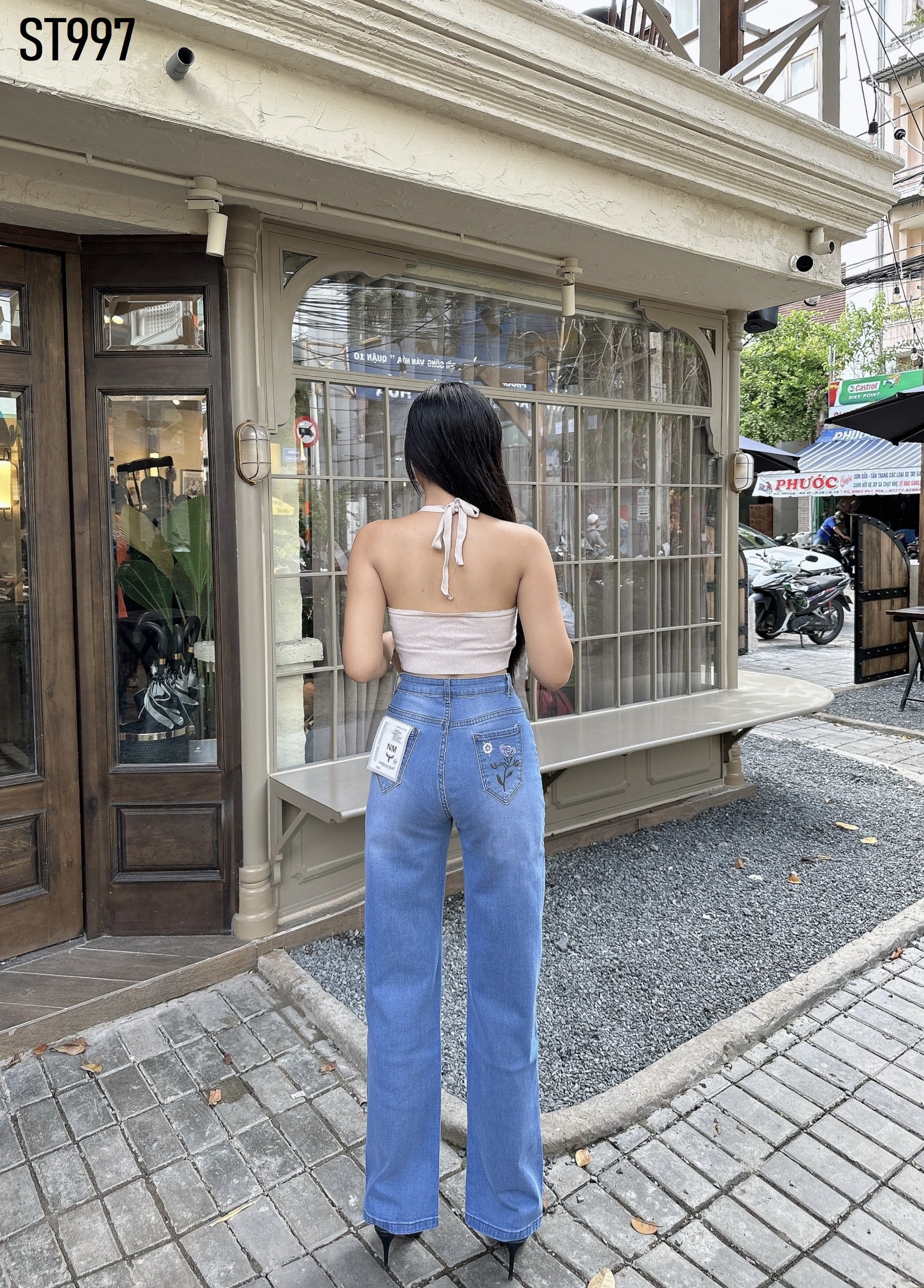 Quần Jeans Nữ Ống Suông Dài Thêu Hoa Lưng Cao Chất Jeans Co Giãn 4 Chiều