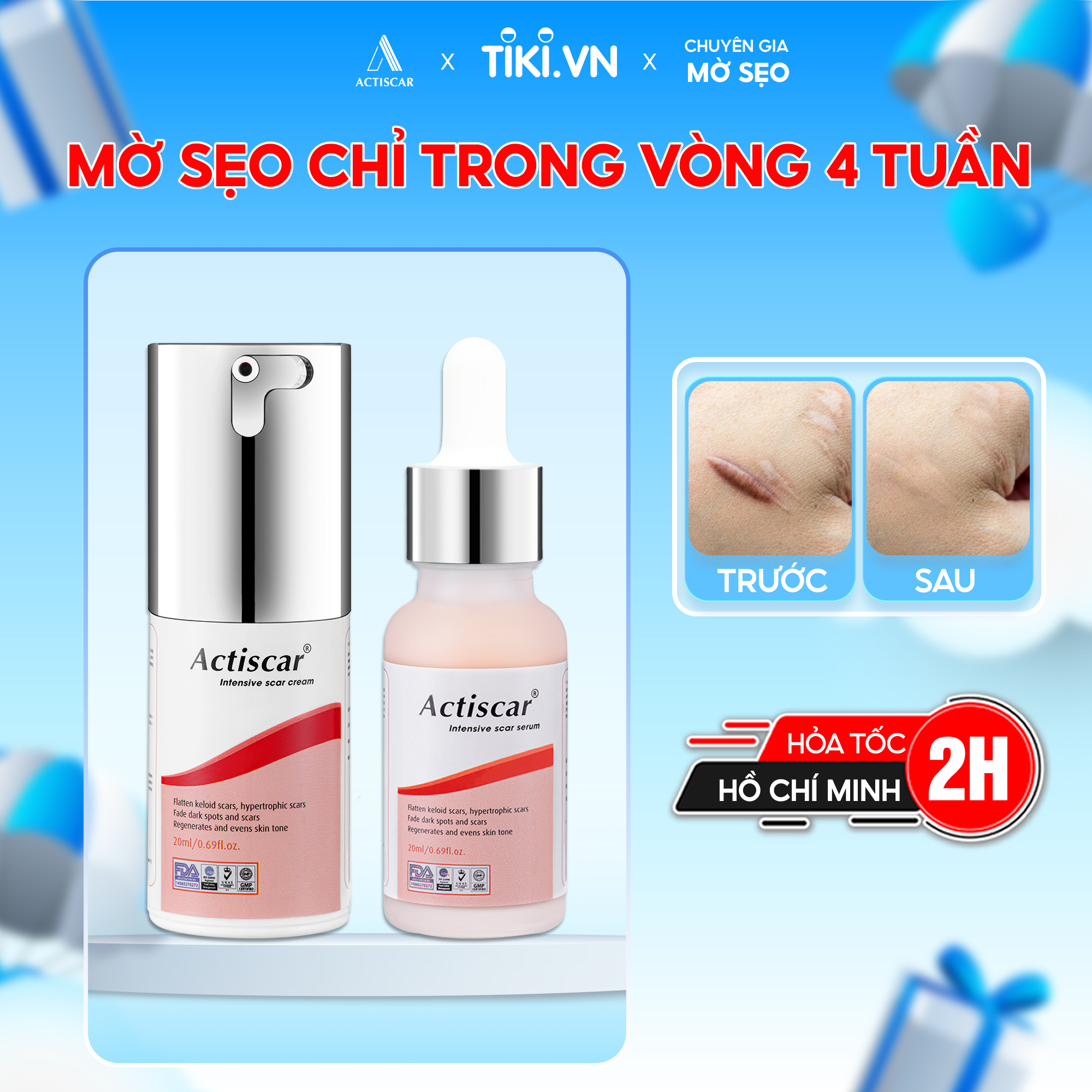 Combo Kem Sẹo và Serum Sẹo Lồi To, Sẹo Phì Đại Actiscar ( Màu Đỏ)