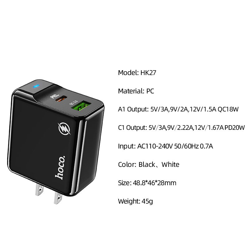 Cốc sạc PD20W Hoco HK27 chân dẹt cổng USB và Type-C , QC3.0 chất liệu chống cháy cao cấp ( 2 màu ) - Hàng chính hãng