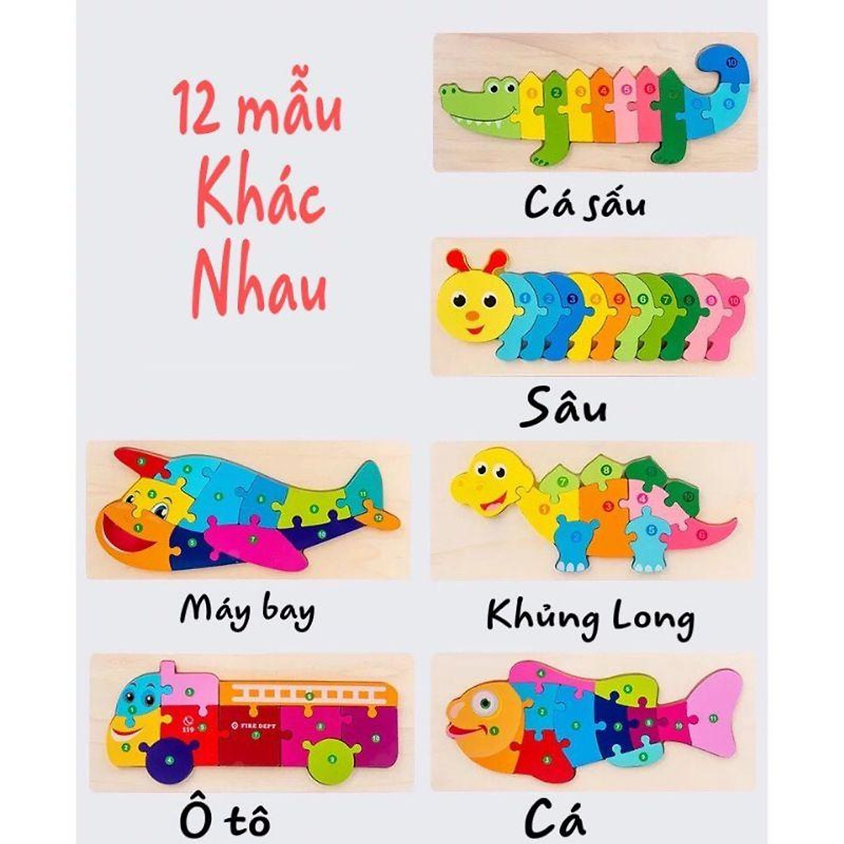 Đồ Chơi Trẻ Em - Combo 5 Tranh Ghép Gỗ Cho Bé Tranh Ghép Gỗ 3D - Tranh Nối Số Từ 1 - 10 đa dạng màu sắc giúp bé phát triển trí tuệ