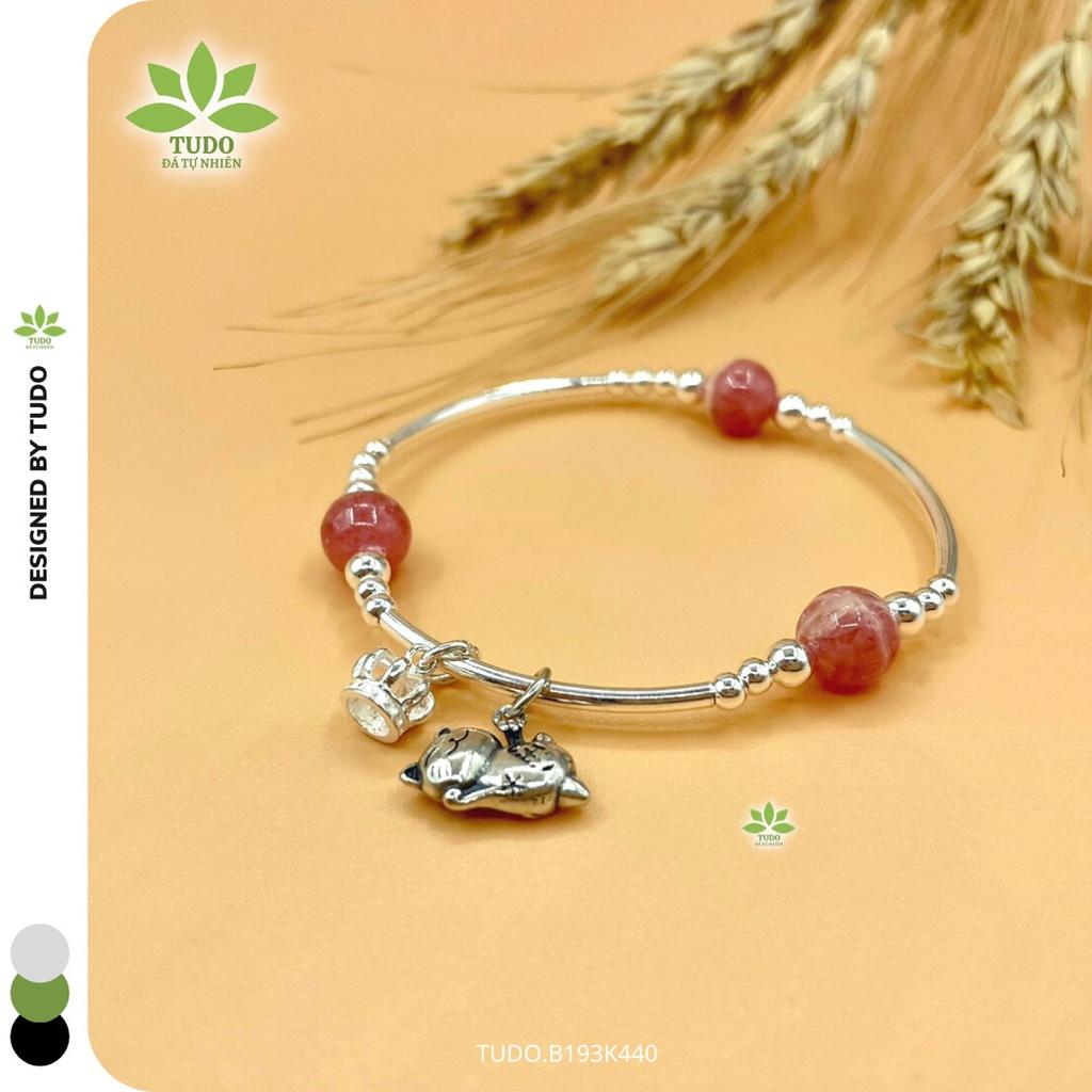 Vòng Tay Nữ Đẹp - Vòng Phong Thủy Đa Mệnh TUDO B193K440 VCBDAOH 3 hạt hồng, Charm Bạc Mèo, Vương Miện