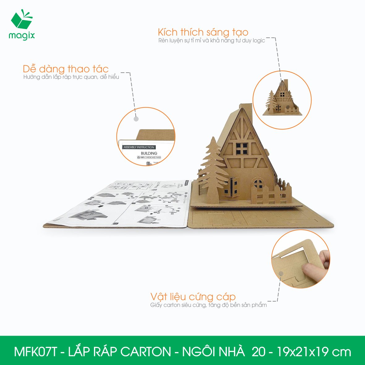 MFK07T - 19x21x19 cm - Mô hình ngôi nhà lắp ráp từ bìa carton cao cấp, nhà giấy carton mini sáng tạo