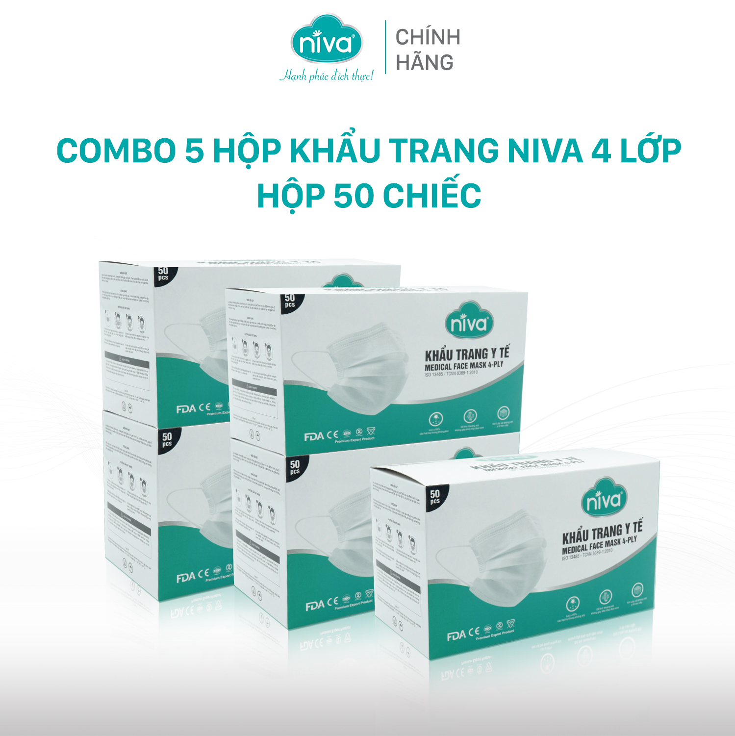 Combo 5 Khẩu Trang Y Tế 4 Lớp Niva Hộp 50 Cái Kháng Khuẩn, Ngăn Khói Bụi, Vi Khuẩn Hàng Chính Hãng Cao Cấp