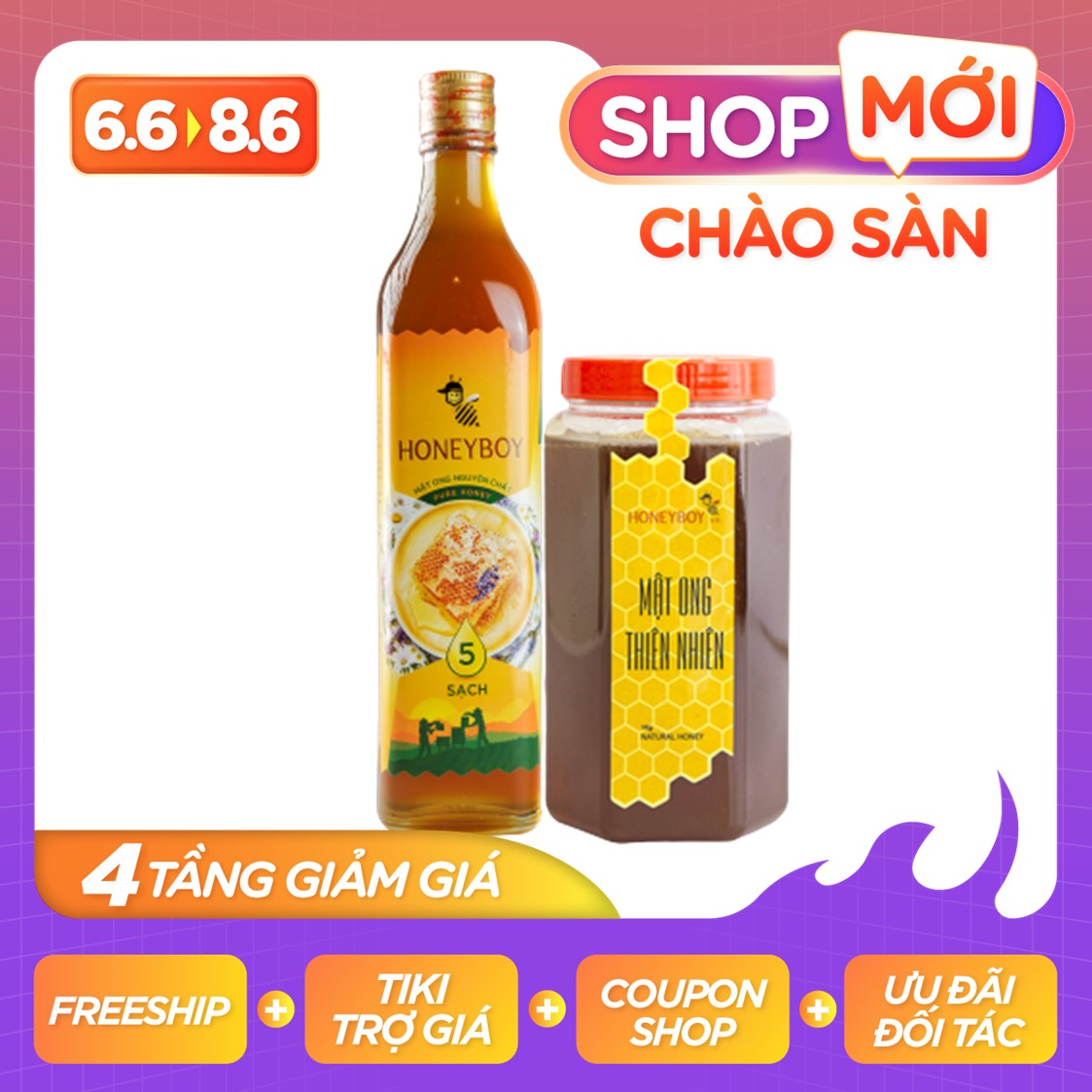 Combo Mật Ong Thiên Nhiên 5 Sạch Honeyboy 500ml và Mật ong thiên nhiên Honeyboy 1kg
