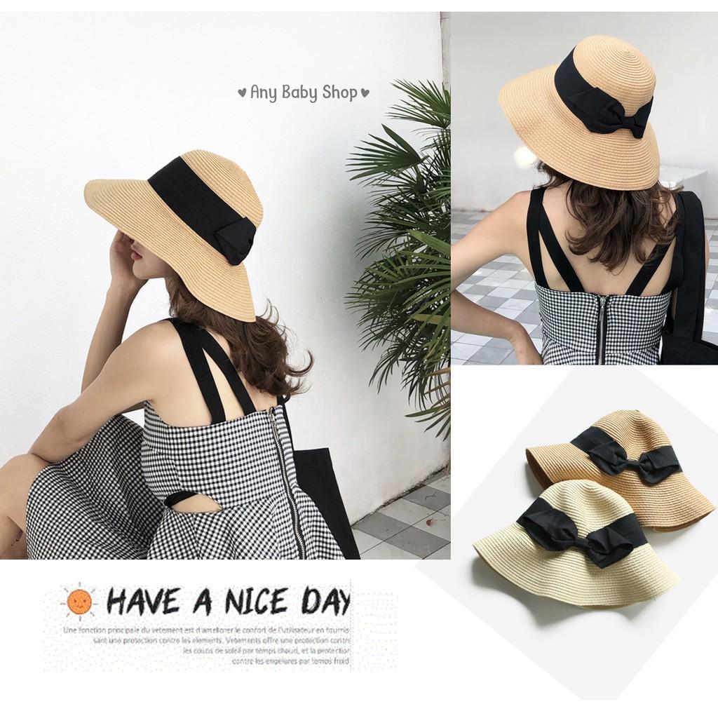 Mũ cói đi chơi, đi biển nơ đen 2 màu sang chảnh- gấp gọn được
