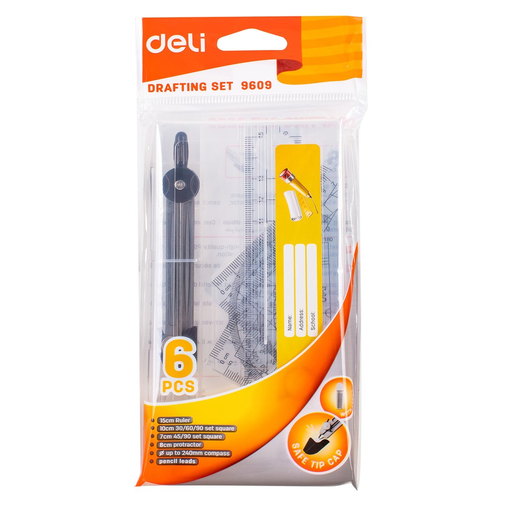 Bộ compa, thước kẻ Deli 9609 - Bộ gồm 6 món tiện dụng