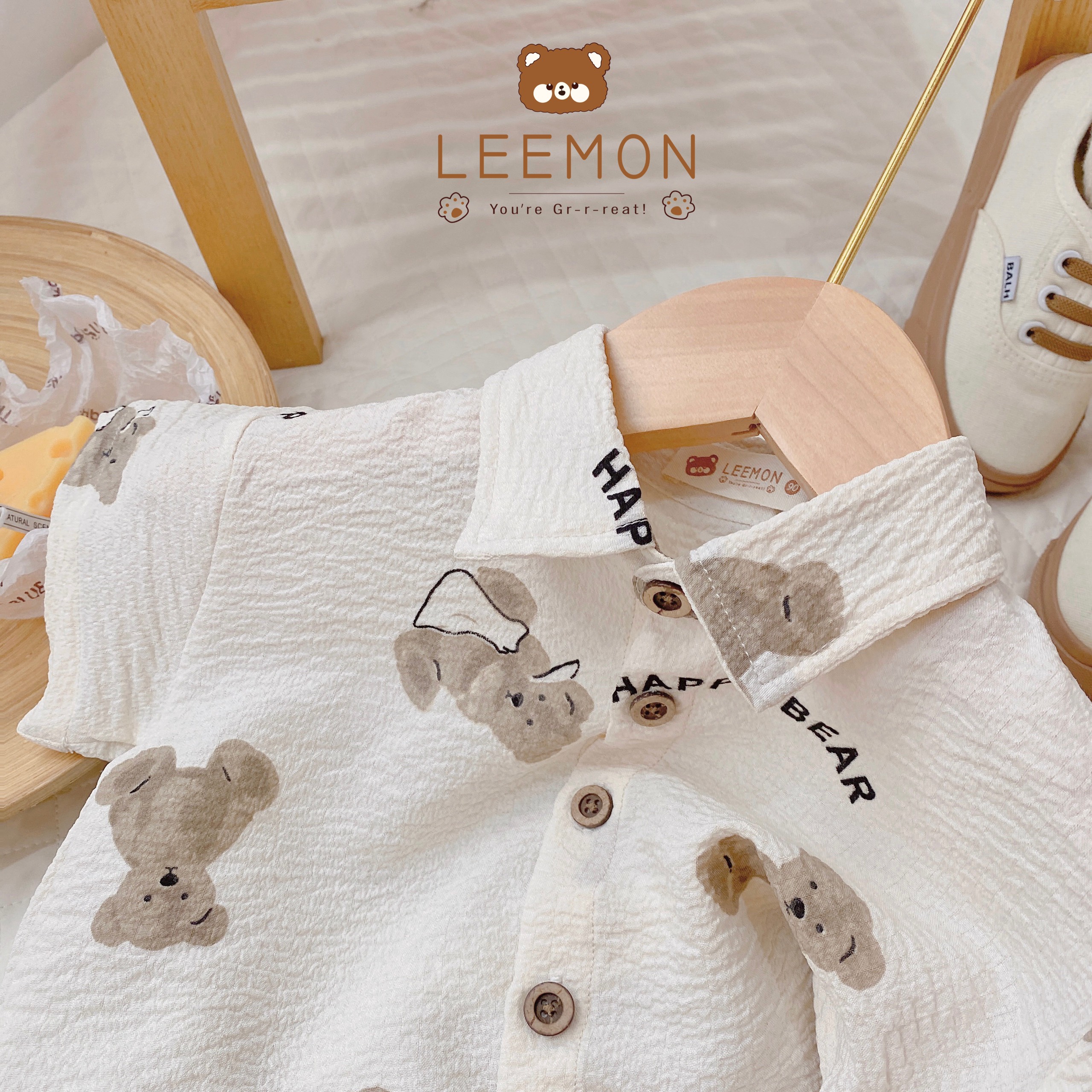 Đồ bộ bé trai cộc tay 1-7 tuổi áo sơ mi in gấu kèm nơ, Bộ sành điệu cho bé hàng thiết kế cao cấp kiêu dáng thời trang