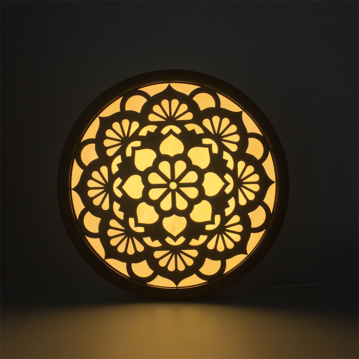 Đèn tranh gỗ CNC họa tiết Mandala 2 đường kính D42,D50,D61, phong thủy cho không gian thờ