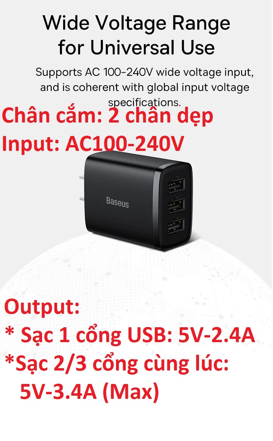 Cốc sạc 17W 3 cổng sạc USB Baseus Compact CCCP17UC - Hàng chính hãng