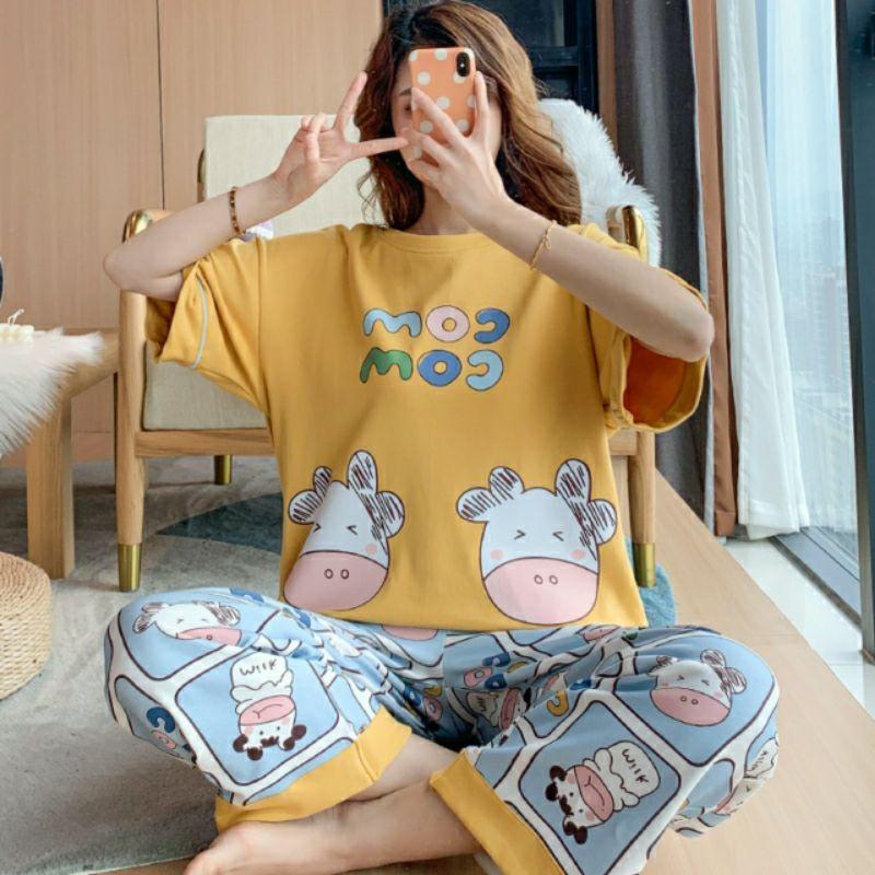 Đồ bộ nữ mặc nhà Đồ bộ thun quần dài, đồ mặc ở nhà Quảng Châu, họa tiết hoạt hình bò sữa Comcom dễ thương Pyjama