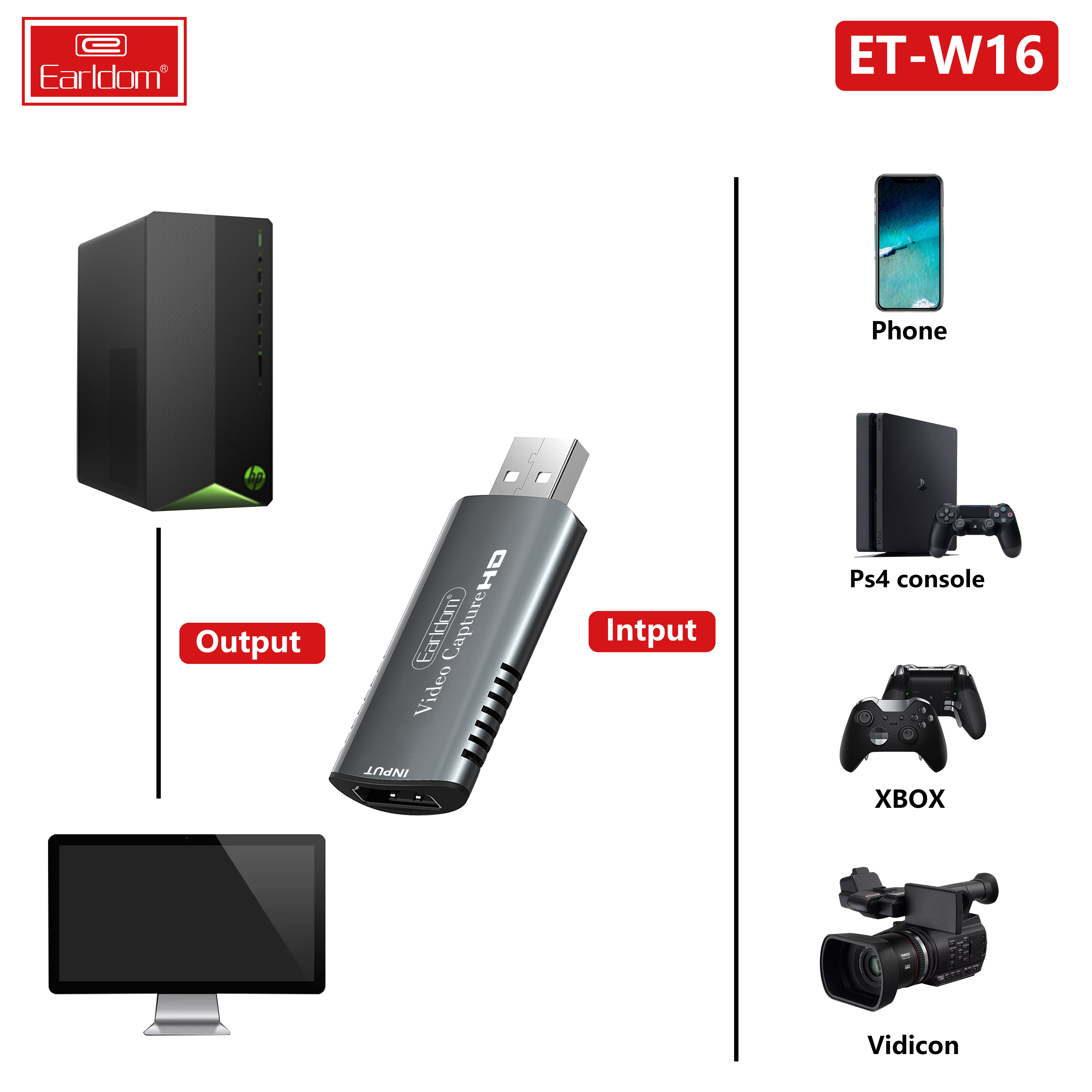 Bộ Chuyển HDMI to USB Video Capture Earldom W16 - Hỗ Trợ Live Stream, Ghi Hình Từ Điện Thoại, Camera, PS4, XBOX (Màu Ngẫu Nhiên) - Hàng Chính Hãng