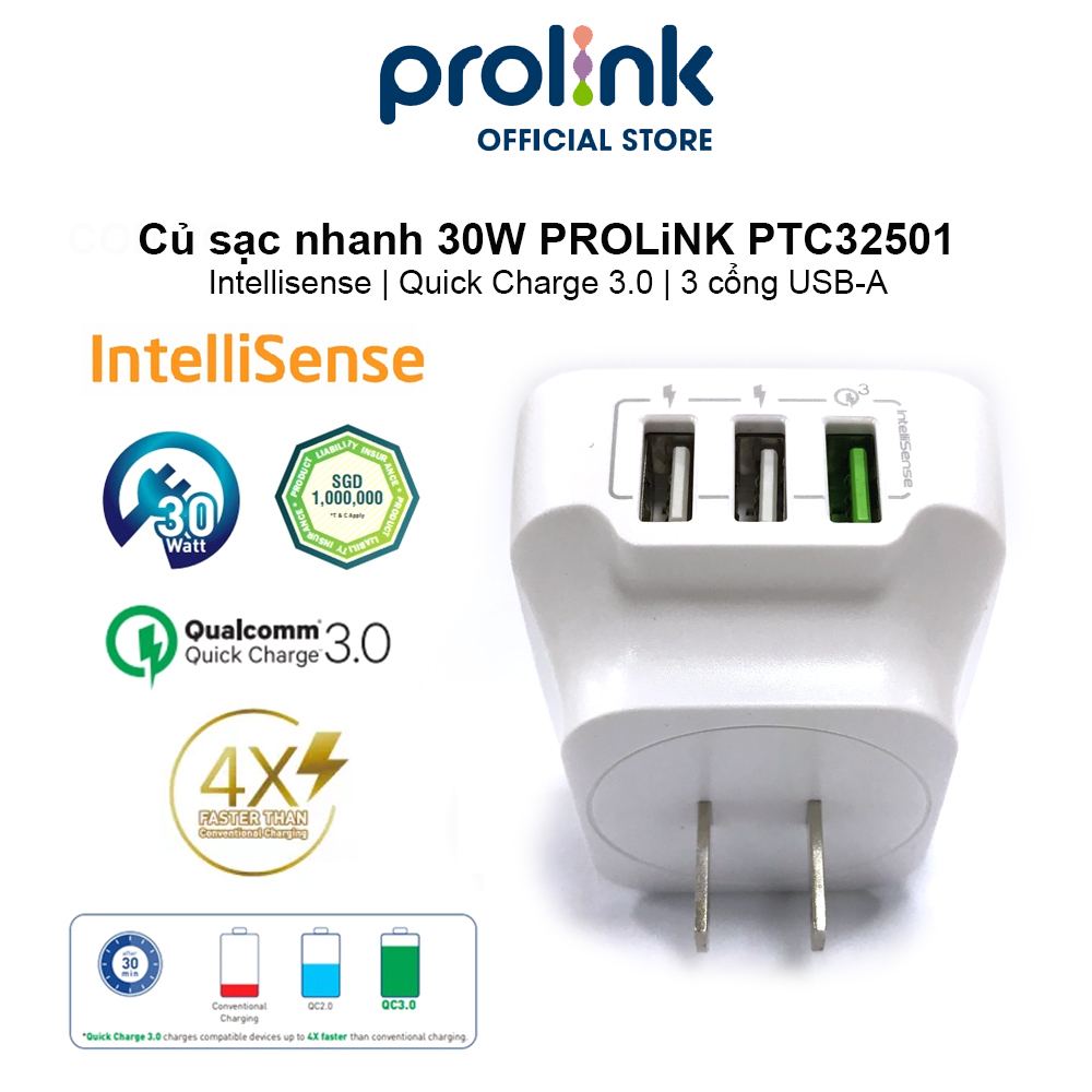 Củ sạc nhanh 3 cổng Prolink PTC32501 Quick charge 3.0 - Hàng chính hãng