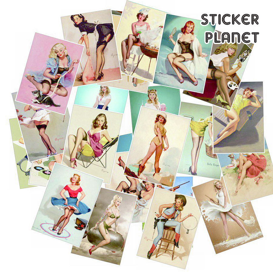 Bộ sticker phong cách retro Girls Stickers Sexy Girl chống thấm nước trang trí mũ bảo hiểm, đàn, guitar, ukulele, điện thoại laptop