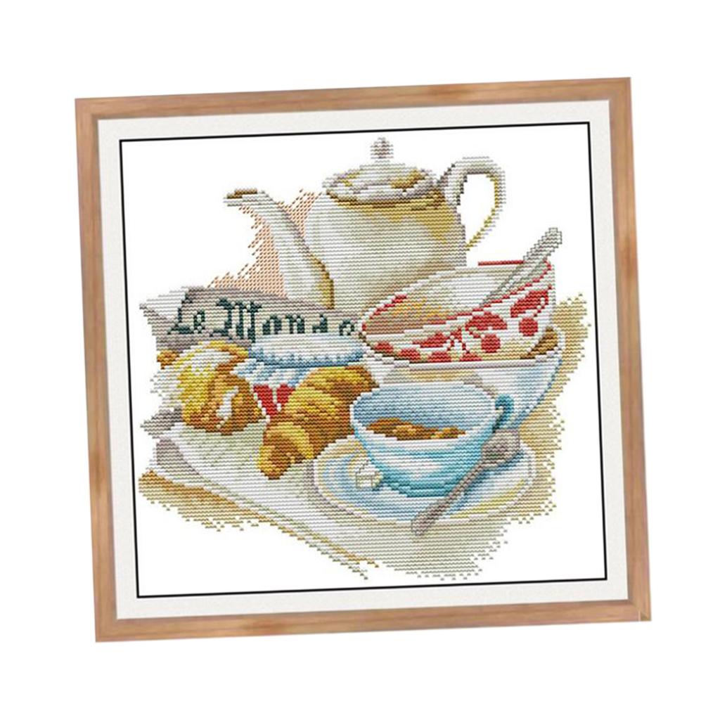 DIY Coffee & Tea Cross Stitch Stamped Kits Quilt Pre-Printed Cross-Stitching Patterns for Beginner Kids, Embroidery Crafts Needlepoint Starter Kits,