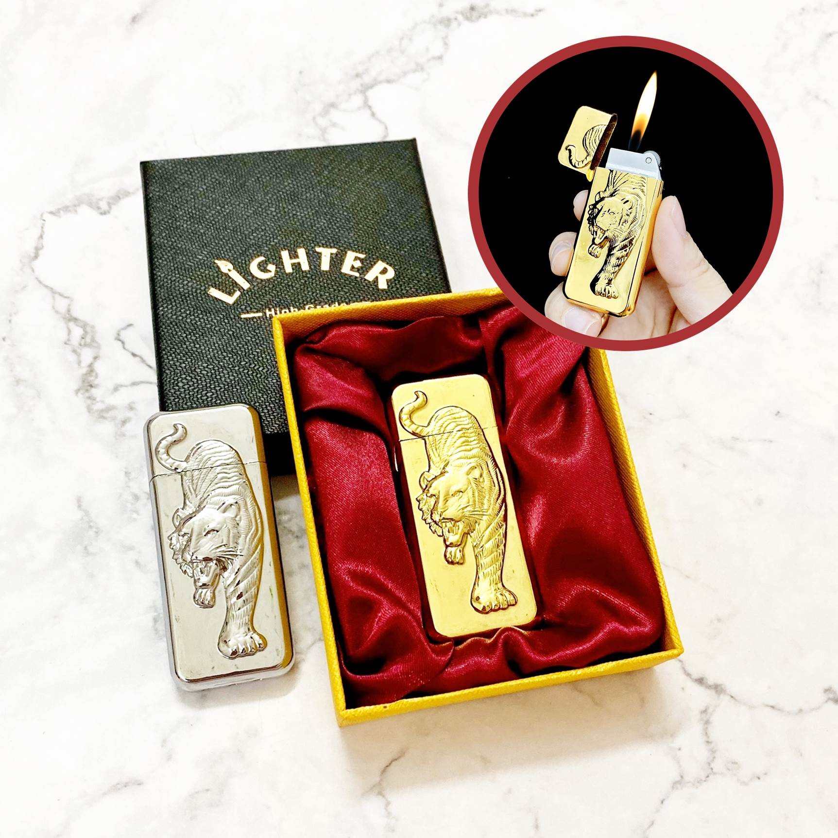 Hột Quẹt Gaz Đá Hình Cọp Vàng Cọp Bạc - Xài ga