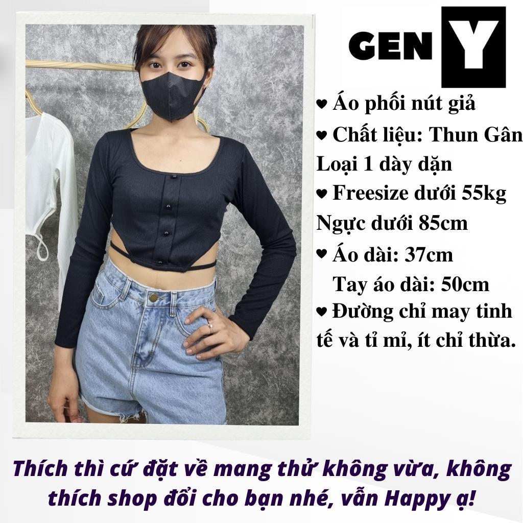 Áo croptop tay dài cổ vuông GenY - Áo kiểu nữ ôm body, eo phối dây cực tôn dáng, chất thun gân dày dặn