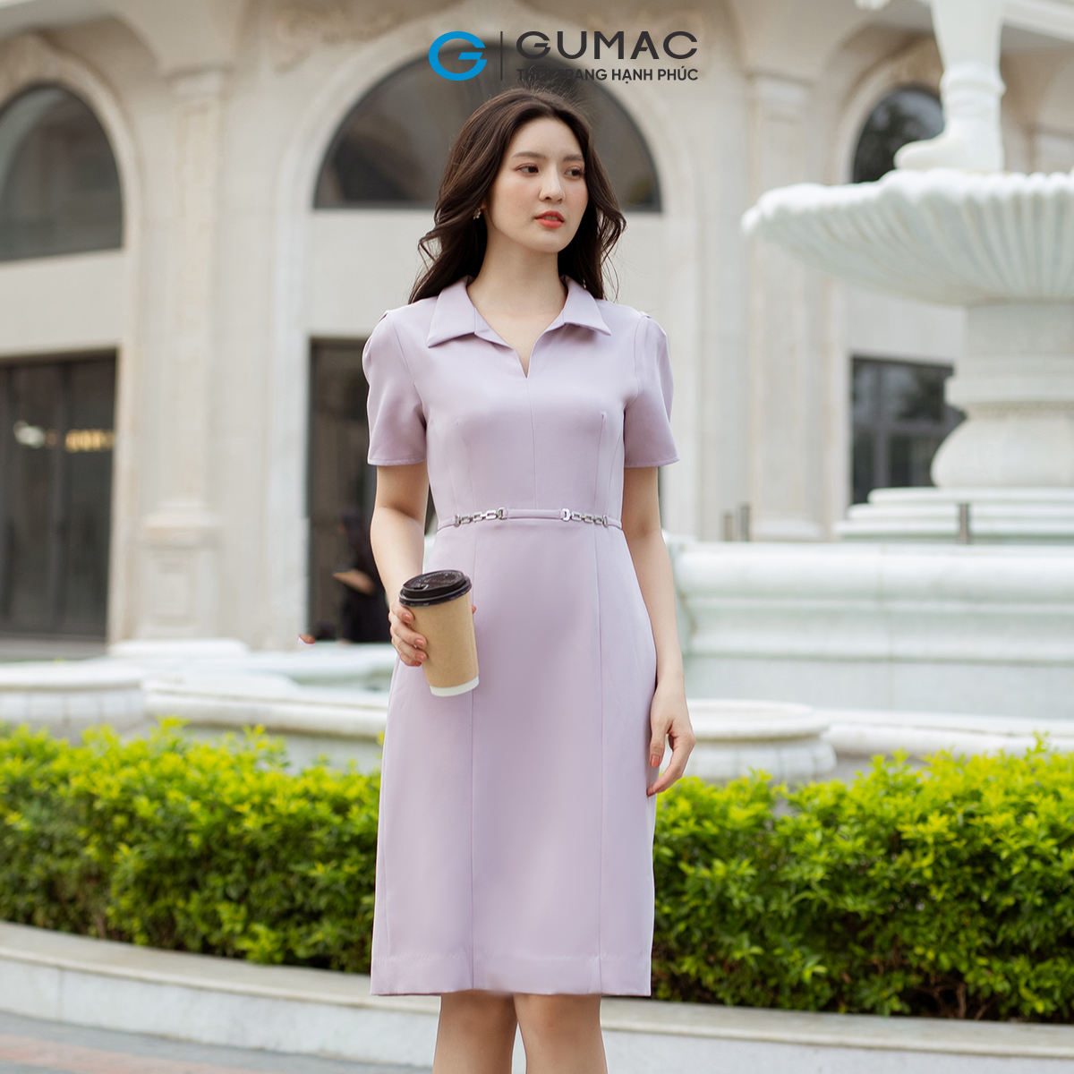 Đầm bút chì tay ngắn cổ V khoen eo thanh lịch sang trọng GUMAC DD07066