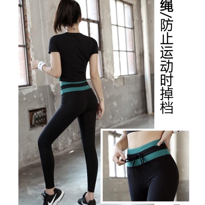 Bộ croptop áo cộc tay đen phối xanh quần dài kín đáo gọn người thích hợp tập gym, yoga erobic, chạy bộ