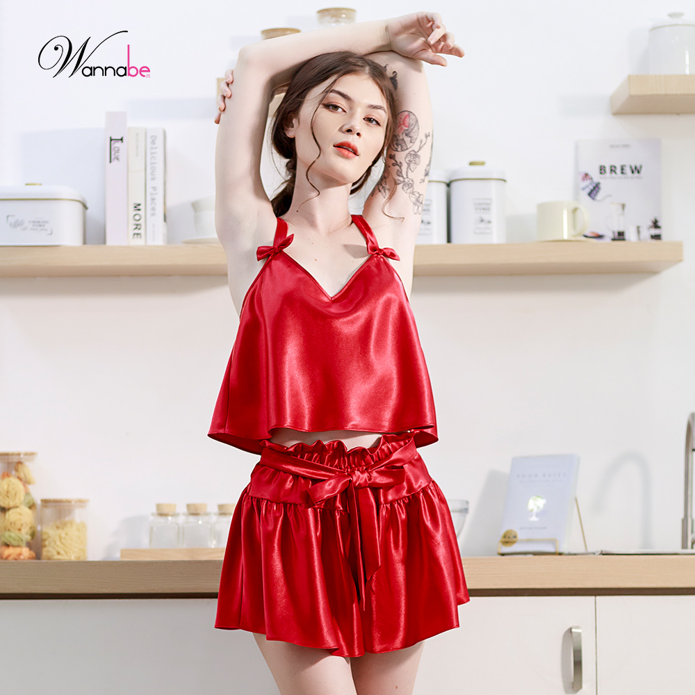 Đồ bộ mặc nhà WANNABE BSS37 đồ bộ quần sọt áo hai dây bản to trang trí nơ xinh xắn mang lại vẻ dễ thương cho bạn gái