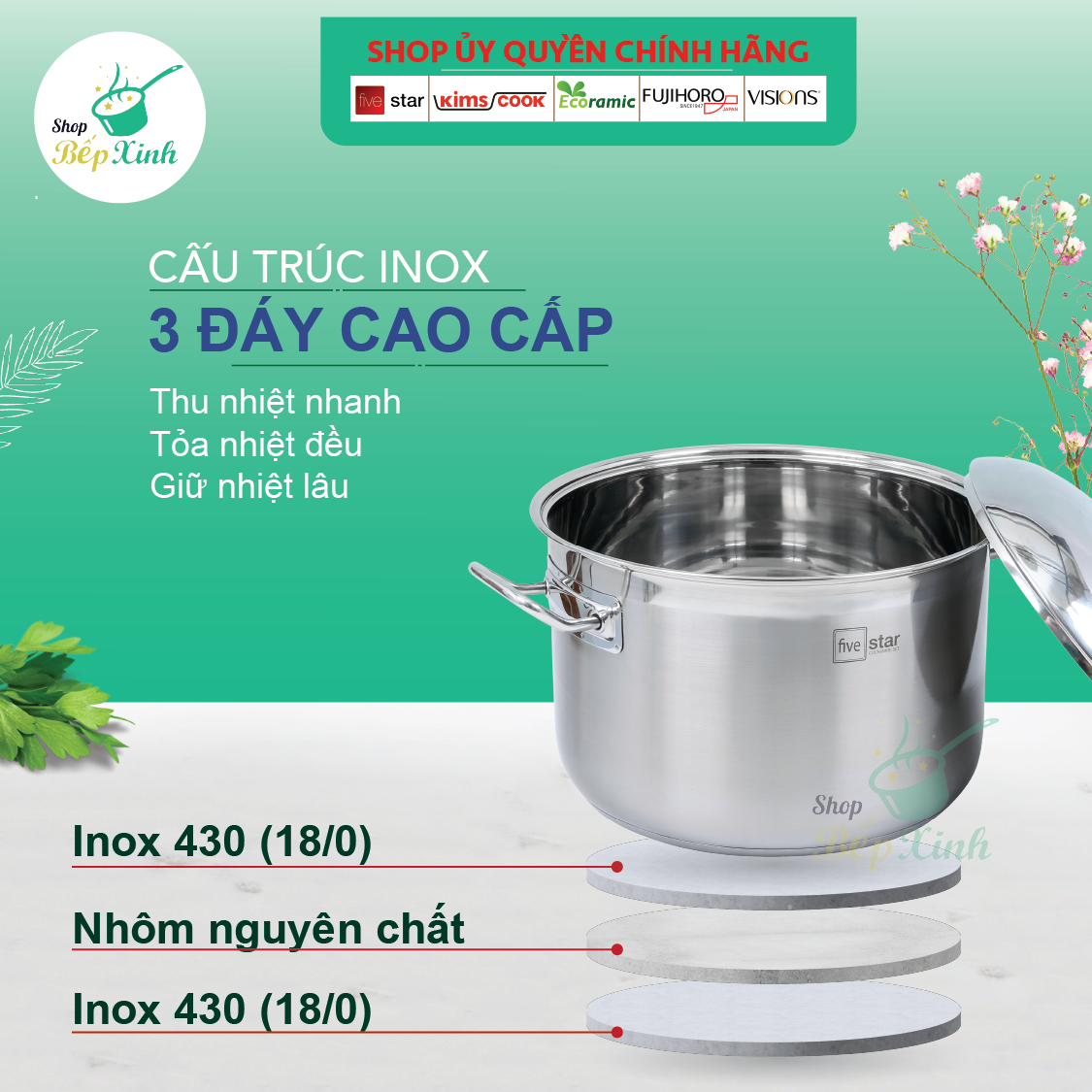 Nồi Inox 430 Bếp Từ 3 Đáy 36 cm Nắp Inox Fivestar -Tặng 5 Muỗng Ăn Inox Cao Cấp