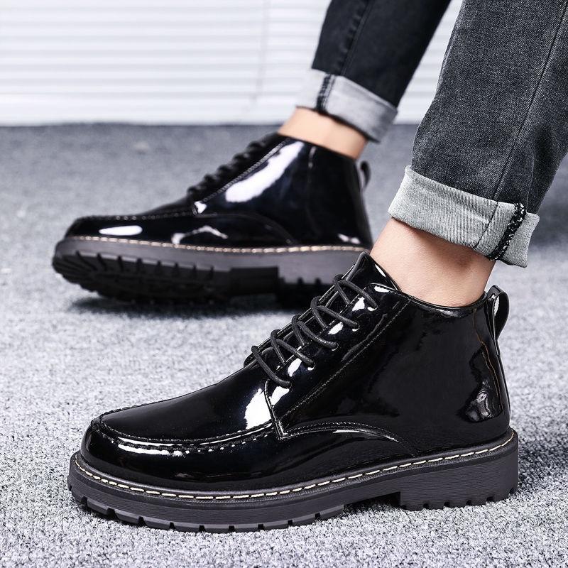 High-top leather shoes men's Korean version of high leather boots students Martin boots short boots winter men's shoes plus velvet cotton shoes - 599 black