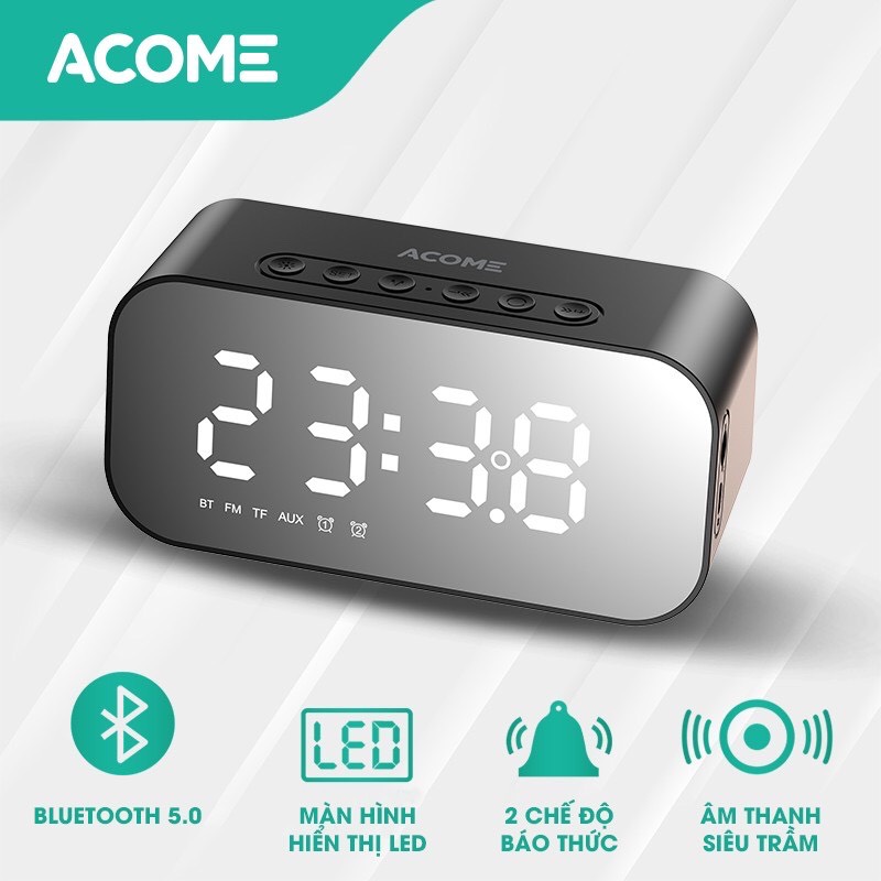 Loa Bluetooth ACOME A5 5W Màn Hình LED Đồng Hồ Báo Thức - Hỗ Trợ Thẻ Nhớ &amp; Nghe FM - Hàng Chính Hãng