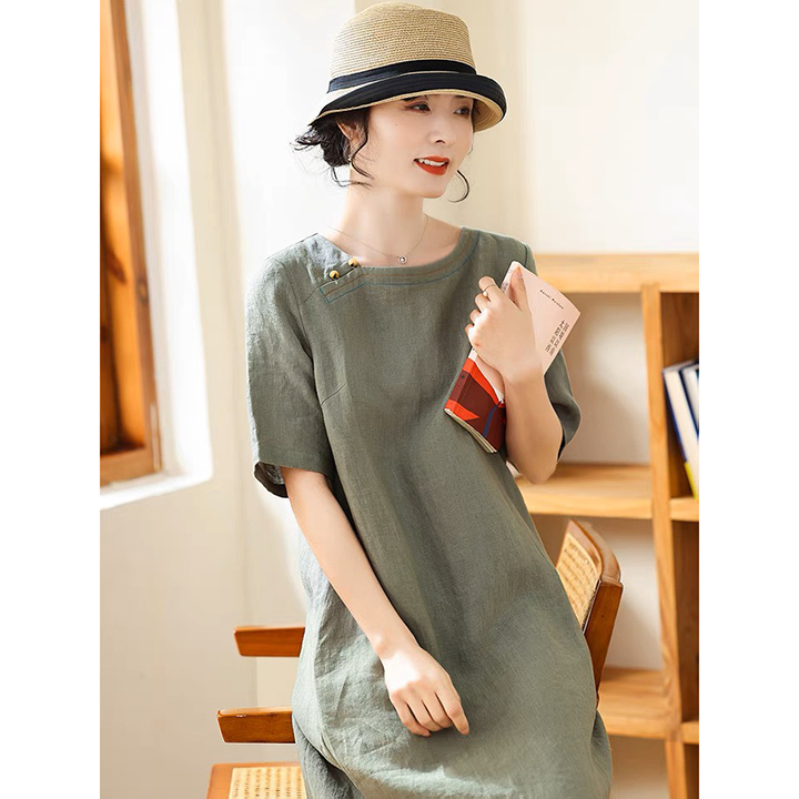 Đầm suông Linen tưng Hàn cổ vuông tay lỡ ArcticHunter, chất vài Linen nhập Hàn mềm mát xịn xò