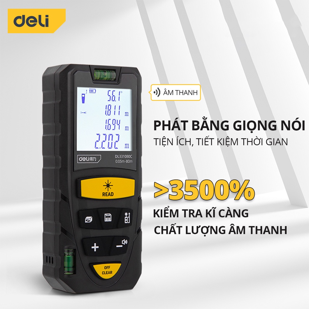 Máy Đo Khoảng Cách Laser Sạc Pin Deli Cao Cấp 40/60/80m - Đo Lường Chính Xác, Nhỏ Gọn - Đo Diện Tích, Thể Tích DL331080C