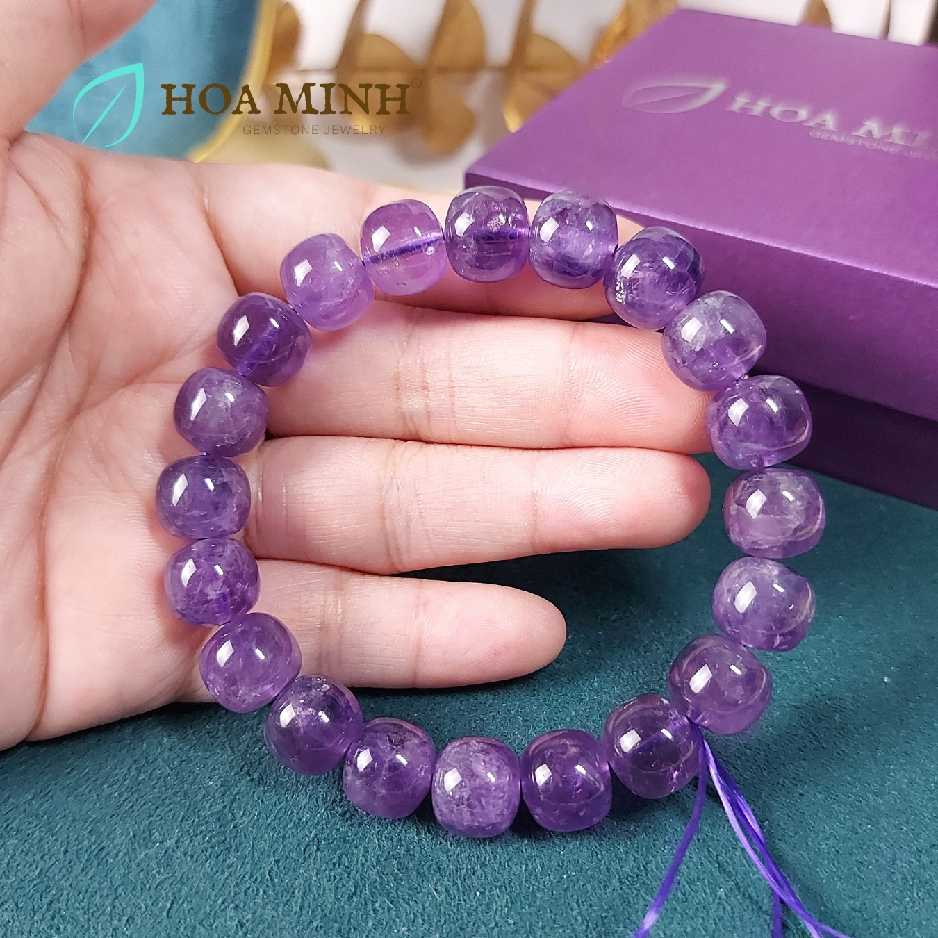 Vòng tay đá Thạch Anh Tím Amethyst tự nhiên hạt vuông bo tròn size 11 li phong cách cổ điển, hoàng gia