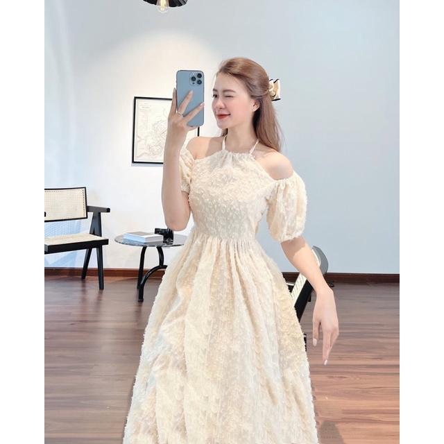 Đầm midi lông cổ yếm tay phồng