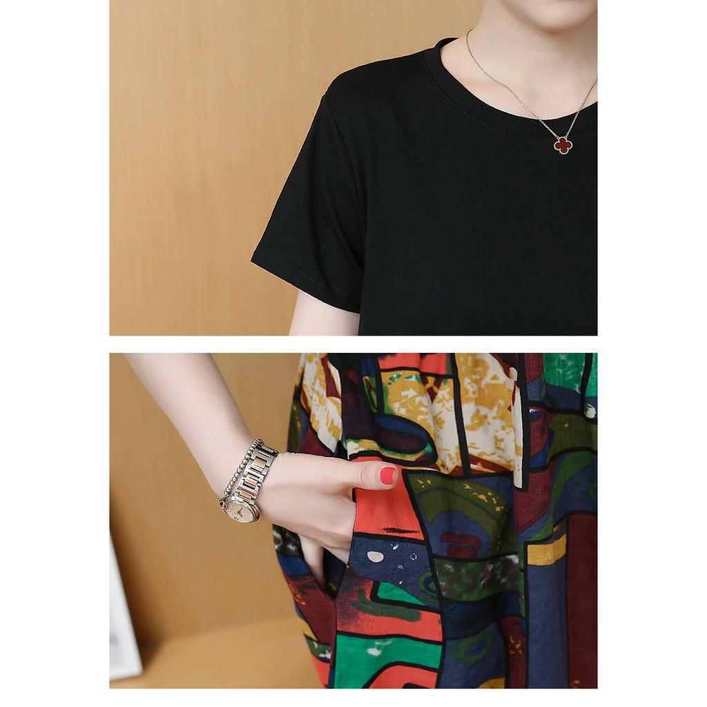 Đầm bầu thun phối họa tiết