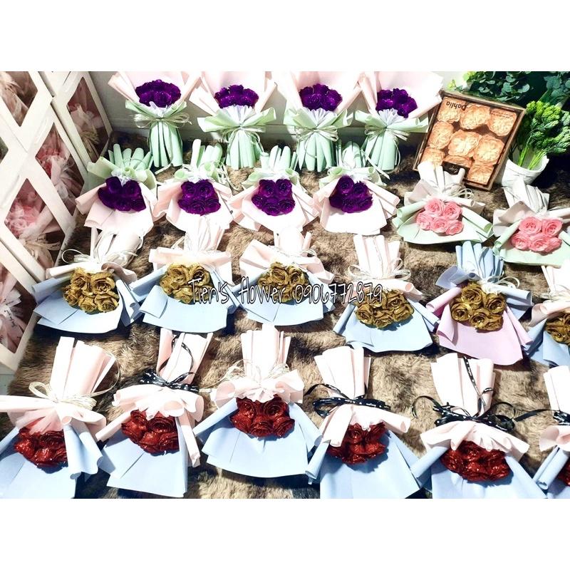 Combo bó hoa nhũ kim tuyến 5 bông kèm túi quai nhựa và thiệp