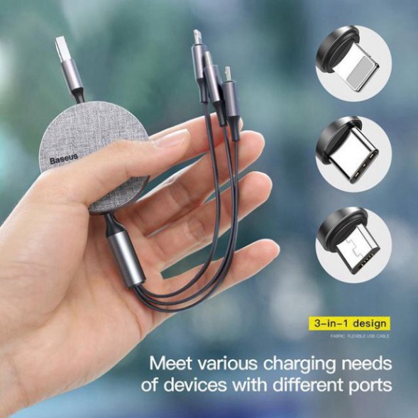 Cáp Sạc Dây Rút 3 in1 Có Thể Thu Vào Cáp Chuẩn Micro USB, Type C, IP - Hàng Chính Hãng Baseus