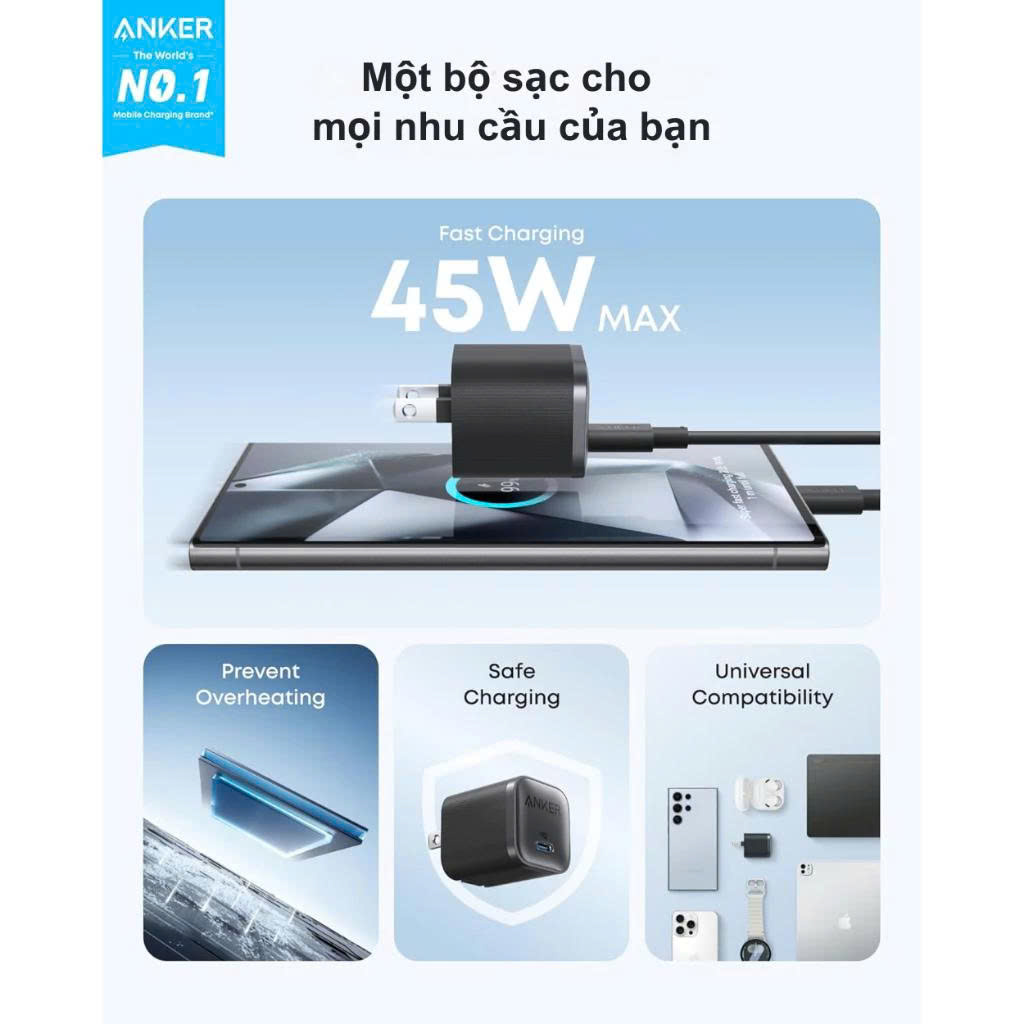 Adapter Củ Sạc Nhanh Anker Nano A2692 45W – GaN PowerIQ 3.0, PPS, USB-C Siêu Nhỏ Gọn. Hàng Nhập Khẩu