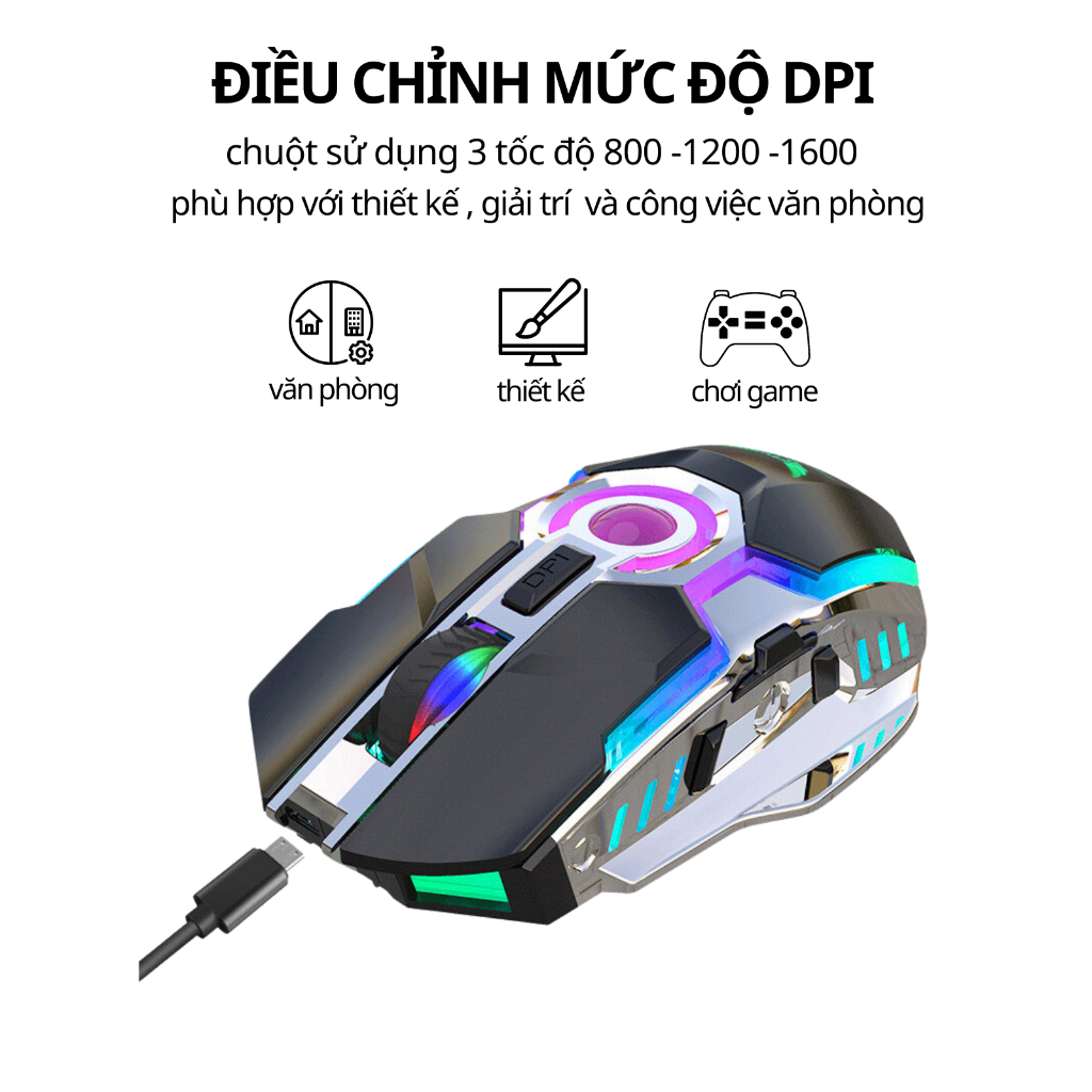 Chuột Gaming Không Dây TANNI GH1 Đèn LED 7 Màu Tích Hợp Bật Tắt Click Chống Ồn , Chuột Không Dây Pin Sạc Hàng Nhẩu