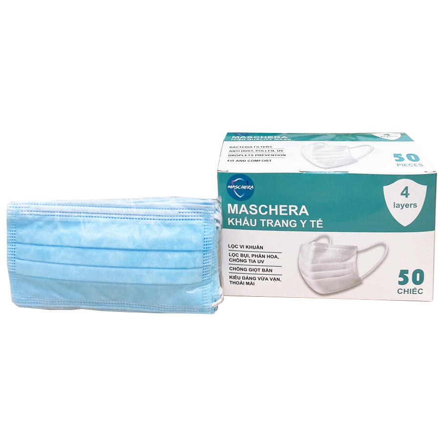 Khẩu trang y tế 4 lớp Maschera (giấy kháng khuẩn Việt Nam, Hàn Quốc) hộp 50 chiếc - Kháng khuẩn, ngăn khói bụi, ngăn ngừa tia UV