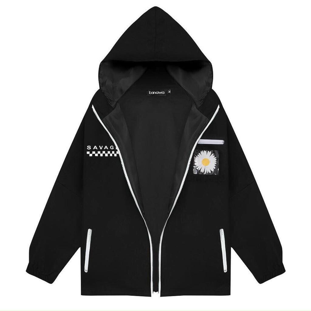 Áo khoác dù in hình hoa cúc SAVA dành cho nam cho nữ có mũ, jacket form rộng có 2 màu unisex ulzzang