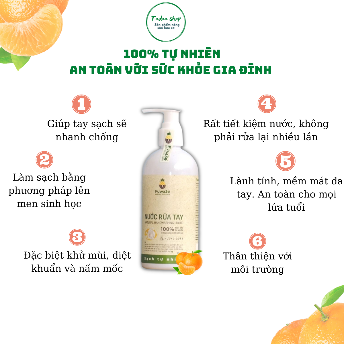 Nước rửa tay sinh học Fuwa3e hương tinh dầu quýt làm mềm và chống lão hóa da taychai 300ml